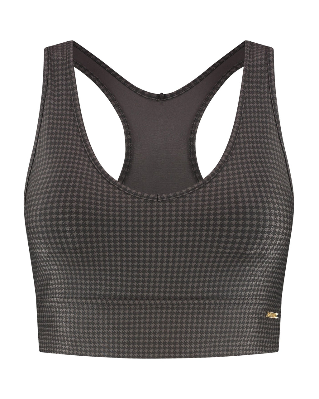 Tara Top van Deblon Sports met pied de poule print in dusk brown, vooraanzicht zonder model