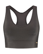 Tara Top van Deblon Sports met pied de poule print in dusk brown, vooraanzicht zonder model