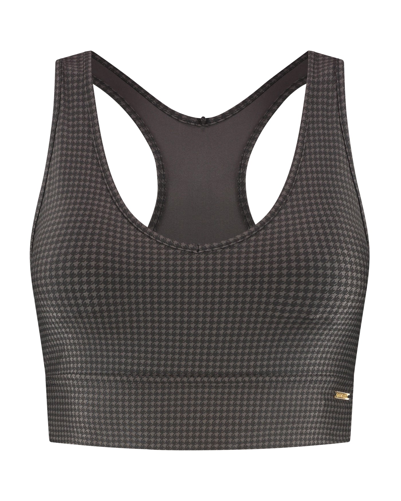 Tara Top van Deblon Sports met pied de poule print in dusk brown, vooraanzicht zonder model
