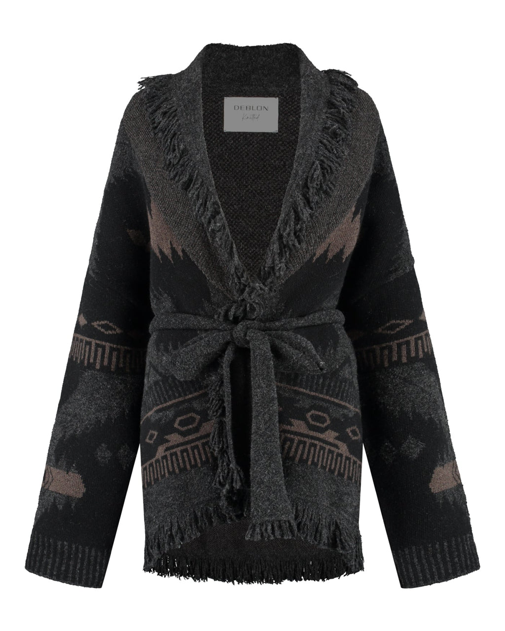 Ymke Cardigan van Deblon Sports in dusk brown black sand, vooraanzicht zonder model