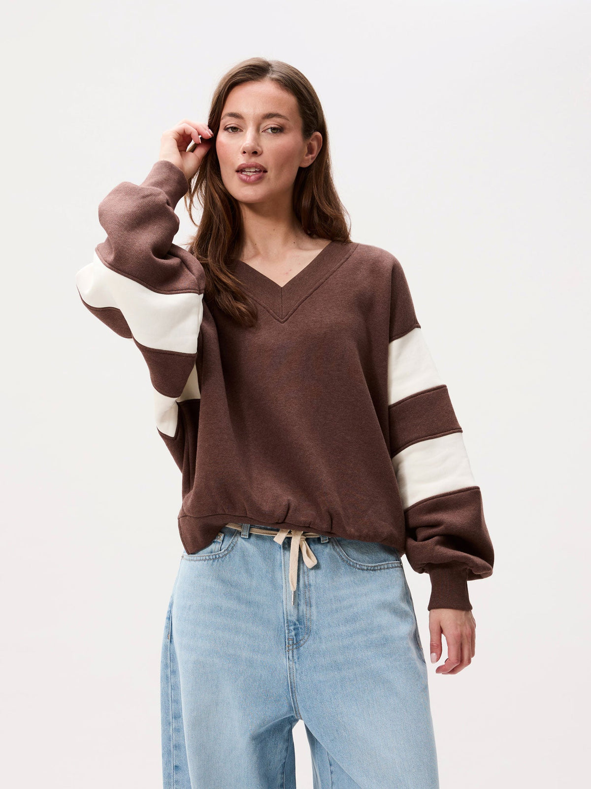 Catwalk Junkie sporty vneck sweater in brownie
