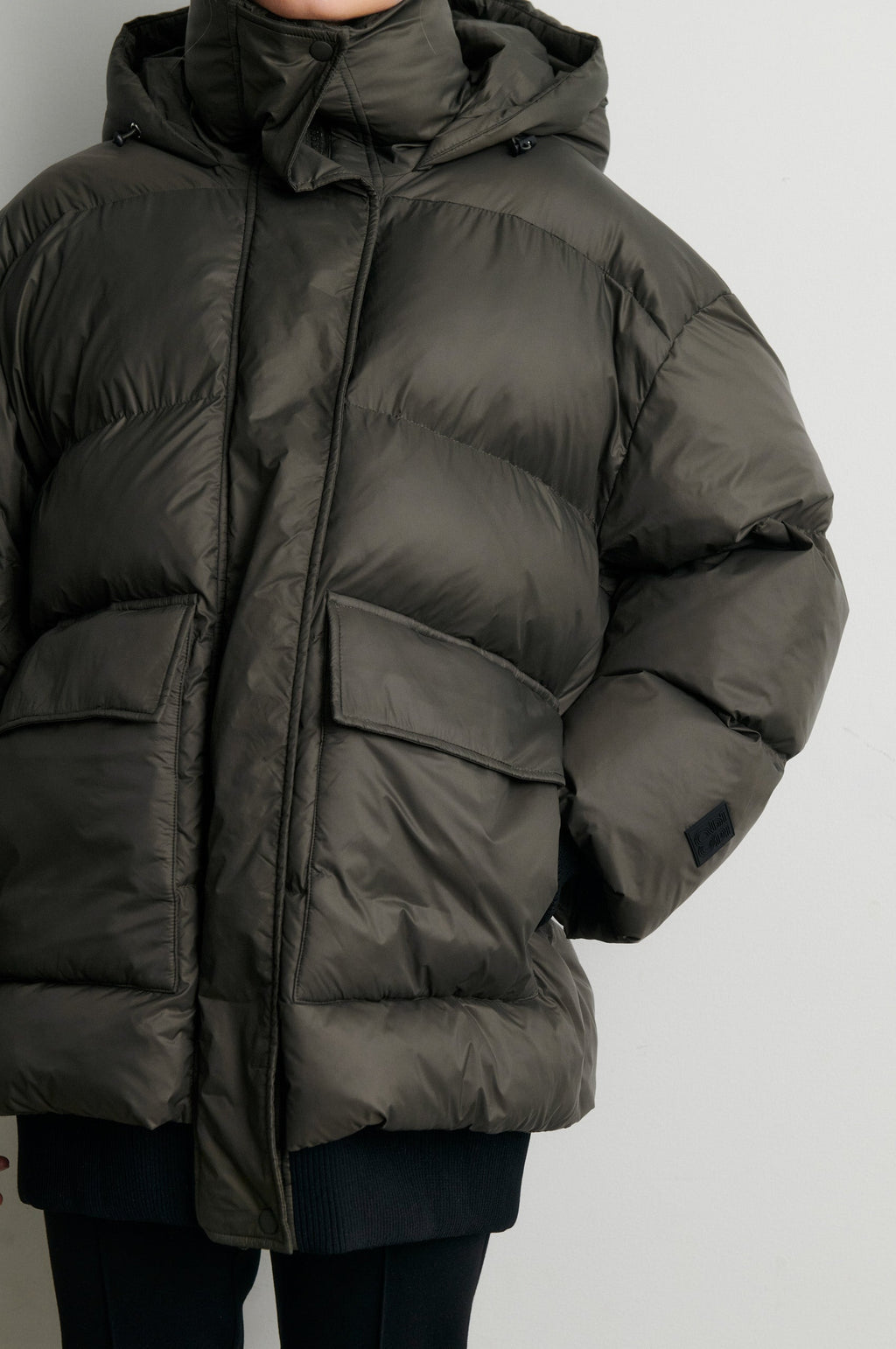 Second Female Riya rib puffer jacket in black olive, detail