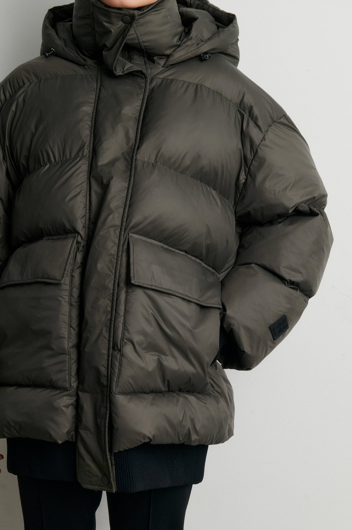 Second Female Riya rib puffer jacket in black olive, detail